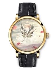 SPRAWL Aanalog Fashion Series Gold Ladies Watches of Genuine Black Leather Strap,Unique Wrist Watch for Women Girls Designed with Horses with horns in the sky