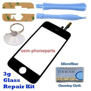 Apple Iphone 3g Replacement Front Glass and Digitizer -2 Tools, Suction Tool, Adhesive and exclusive microfiber DB Roth cleaning cloth included - Repair Your Cracked Glass