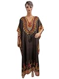 Dark Brown Womens Kaftan Ethnic Print Satin Caftan Kimono Sleeve Resort Wear Long Dress