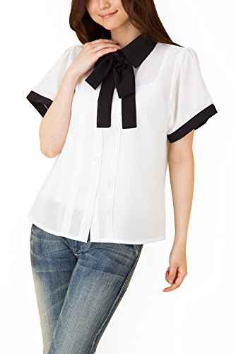 (Goldjapan)ゴールドジャパン 大きいサイズ レディース ボウタイ付き ピンタック入り バイカラー ブラウスシャツ バイカラー ショート丈 七分袖 ７分袖 半袖 半そで チュニック ブラウス Ａライン 体型カバー フォーマル カジュアル エレガント きれいめ 女子会 gold031