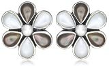 Image of Silver Ladies E6569-Grey Grey & White Mother of Pearl Flower Stud Earrings