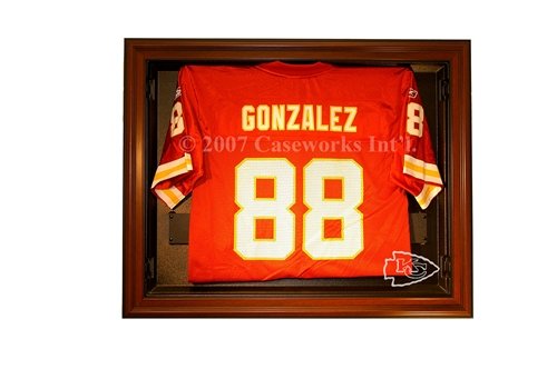 Kansas City Chiefs Football Jersey Display Case with Removable Face and Mahogany Finish Frame