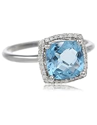 Sterling Silver Checkerboard Cushion Swiss Blue Topaz and Diamond Ring (0.1cttw, I-J Color, I3 Clarity), Size 7