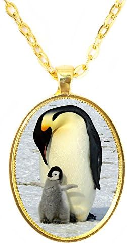 Penguin Mother &amp; Baby Animal Aura Bright Gold Pendant with Chain Necklace