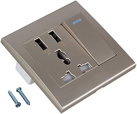 86x86mm 2 USB Port Charger 3 Hole Wall Plug Outlet Power Switch Wall Socket (Gold )