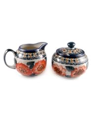 Kitchen: Polish Pottery Peach Floral Sugar & Creamer - zaklady