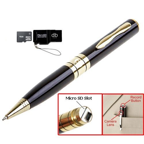 Mini DVR Video Pen - Gold-accented Executive Pen w/Micro SD Slot Expandable to 8gb, Captures High Res Photos and Video w/Sound. Includes 4gb Card