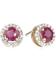 10k Gold and Round Gemstone Diamond-Framed Stud Earrings