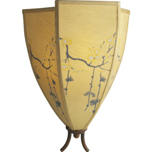 Progress Lighting P2777-112 Three-Light Wall Fixture with Silk Shade Featuring Masterfully Hand-Painted Cherry Blossom Motifs Supported By Bamboo-Styled Frames, Burnished Rattan