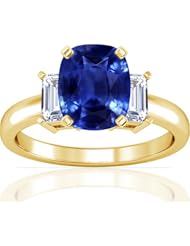 14K Yellow Gold Cushion Cut Blue Sapphire Three Stone Ring