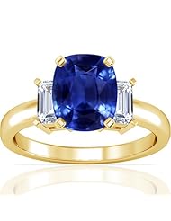 18K Yellow Gold Cushion Cut Blue Sapphire Three Stone Ring