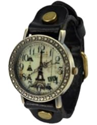ZLCY Womens Vintage Handmade Leather Eiffel Tower Watch Black