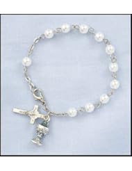 Childrens Girls Imitation Pearl Rosary Bracelet with Chalice & Cross Charm 6mm Bead, Perfect for Christmas, First Communion, Easter, Graduation, Sunday Dress, Christening or Birthday.