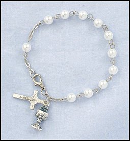 Cheap Girls Jewelry Childrens Girls Imitation Pearl Rosary Bracelet with Chalice & Cross Charm 6mm Bead, Perfect for Christmas, First Communion, Easter, Graduation, Sunday Dress, Christening or Birthday. For Sale