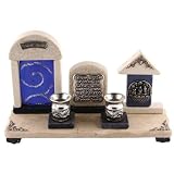 Candle Holders - Made in Israel for Shabbat and Jewish Holidays. Custom made by Koresh. Jerusalem Stone with Pewter Blessing Plaque.Blue Glass. Great Gift