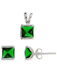 Sterling Silver Square-shaped Stud Earrings (7mm) & Pendant (12mm tall) Set, w/ Princess Cut Emerald-colored CZ Stones