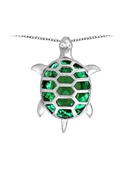 Original Star K (tm) Good Luck Turtle Pendant with Oval Simulated Emerald in 925 Sterling Silver