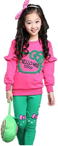 Little Girls Long Sleeve Pullover Sportsuits Pink Green Color 1 Set
