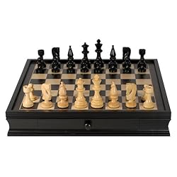 Russian Style, Black-stained Chess Set 19" with Pull-out Drawer for Storage - 4" King