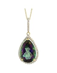 10k Gold Teardrop Pendant w/ Brilliant Cut Diamonds & Pear Cut (15x10mm) Mystic Topaz Stone, w/ 18 in. Thin Singapore Chain