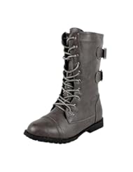 Shoes: West Blvd Womens CAIRO COMBAT Boots Lace Up Military Army Motorcycle Biker Flat Mid Calf Shoes, Grey Pu, US 8.5