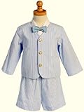Eton Seersucker Suit- White w/Blue Stripes w/Jacket, Shorts, Shirt, Bowtie - Made in USA
