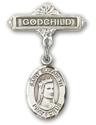 Sterling Silver Baby Badge with St. Elizabeth of Hungary Charm and Godchild Badge Pin. Catholic Saint Elizabeth of Hungary Patron Saint of Bakers, Nursing Services, Falsely Accused