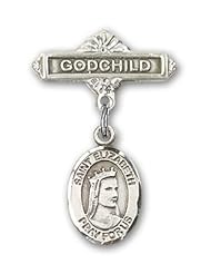 Sterling Silver Baby Badge with St. Elizabeth of Hungary Charm and Godchild Badge Pin