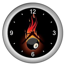 Silver Wall Clock of Flaming 8 Ball (Billiards, Pool Table Balls, Magic 8 Ball, Snooker, 9 Ball)