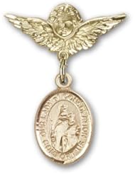 14K Gold Baby Badge with Our Lady of Consolation Charm and Angel with Wings Badge Pin
