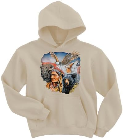 Cotton Blend Sweatshirt Hoodie - Indian, bear, wolf, eagle - Sand - 3X