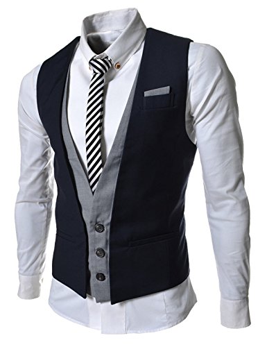 TheLees (VE35) Mens Layered Style 3 Button Slim Vest Waistcoat Navy US XS(Tag size M)