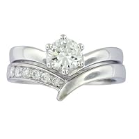 Platinum Overlay Sterling Silver Cubic Zirconia Round Solitaire Ring w/ Chevron Band Bridal Set