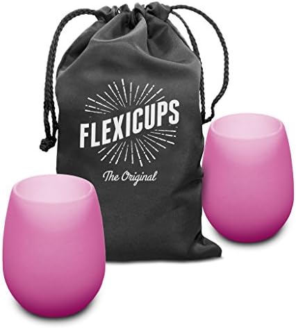 Colored Silicone Camping Wine Glasses by FlexiCups 2 Set Shatterproof Stemless Cups with Handy Carry Bag