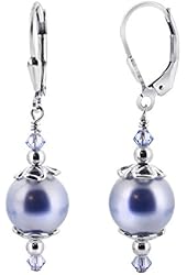 SCER033 Sterling Silver Blue Simulated Pearl and Drop Earrings Made with Swarovski Elements