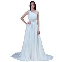 Hot Sale GEORGE BRIDE Beaded One Shoulder Chiffon Over Satin Beach Wedding Dress Size 6 White