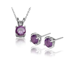 Sterling Silver 6mm Round Amethyst Stud Earring and Pendant Set, 18