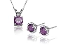 Sterling Silver 6mm Round Amethyst Stud Earring and Pendant Set, 18