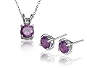 Sterling Silver 6mm Round Amethyst Stud Earring and Pendant Set, 18"