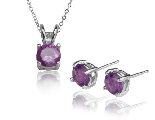 Sterling Silver 6mm Round Amethyst Stud Earring and Pendant Set, 18
