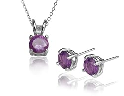 Sterling Silver 6mm Round Amethyst Stud Earring and Pendant Set, 18"
