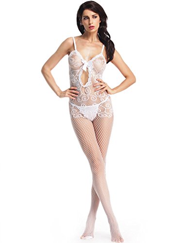 Amoretu Womens Sexy Lingerie Strap Bodysuits Crotchless Bodystocking White