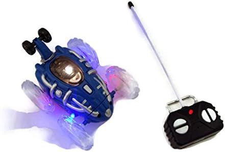 Blue RC Stunt Dune Buggy Off Road Radio Controlled Toy Car with LED Lighted Wheels That Flash Red and Blue Neon Colors See It Flip Spin and Ride Wheelies in the Dark