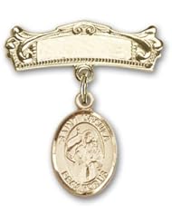 14K Gold Baby Badge with St. Ursula Charm and Arched Polished Badge Pin
