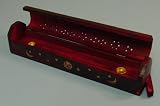 Wooden Coffin Incense Burner - Red Sun and Moon 12" - Brass Inlays - Storage Compartment