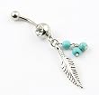 316L Surgical Steel 14 Guage Leaf Dangle With Blue Beads Navel Belly Button Ring Bar