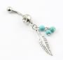 316L Surgical Steel 14 Guage Leaf Dangle With Blue Beads Navel Belly Button Ring Bar