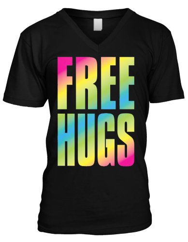 Oversized Rainbow Free Hugs Mens V-Neck T-shirt, Big and Bold Neon Free Hugs Men’s V-neck Tee Shirt,  Black