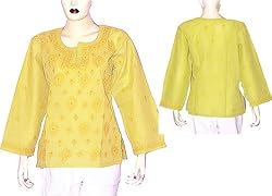 Lady Shirt Cotton Long Sleeve Top Blouse Chikan Embroidery Size XL (ctop395)
