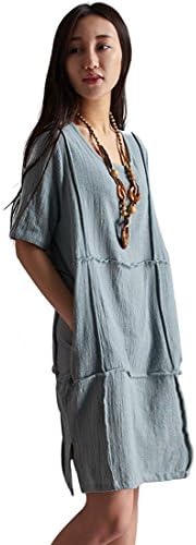 Azbro Women's Demure Woman Binding Ornament Linen Shift Dress